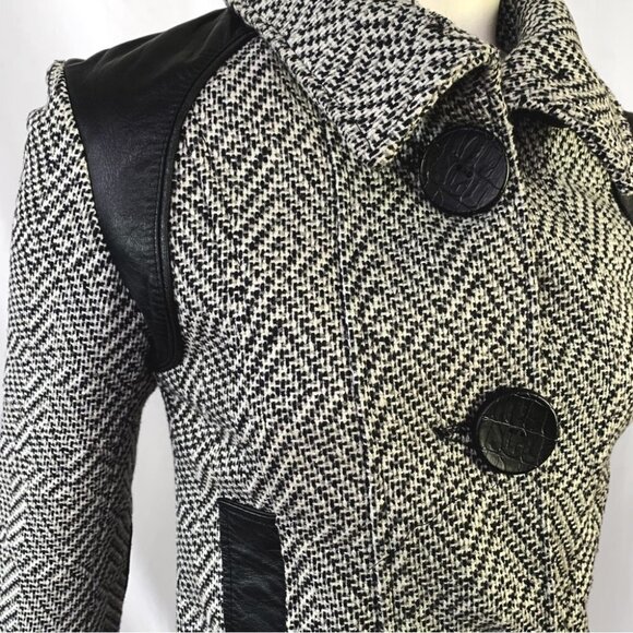 SICILY CLOTHING CO. WOOL COAT BLACK AND WHITE WINTER JACKET LEATHER TRIM SIZE XS - Picture 8 of 13